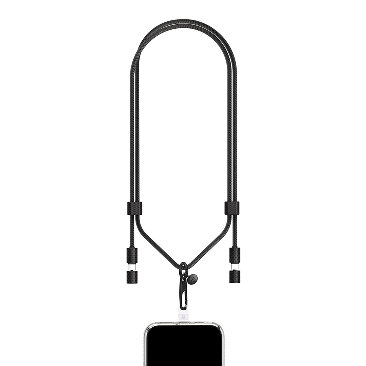 Cordón negro con un mosquetón sujeto a un smartphone.