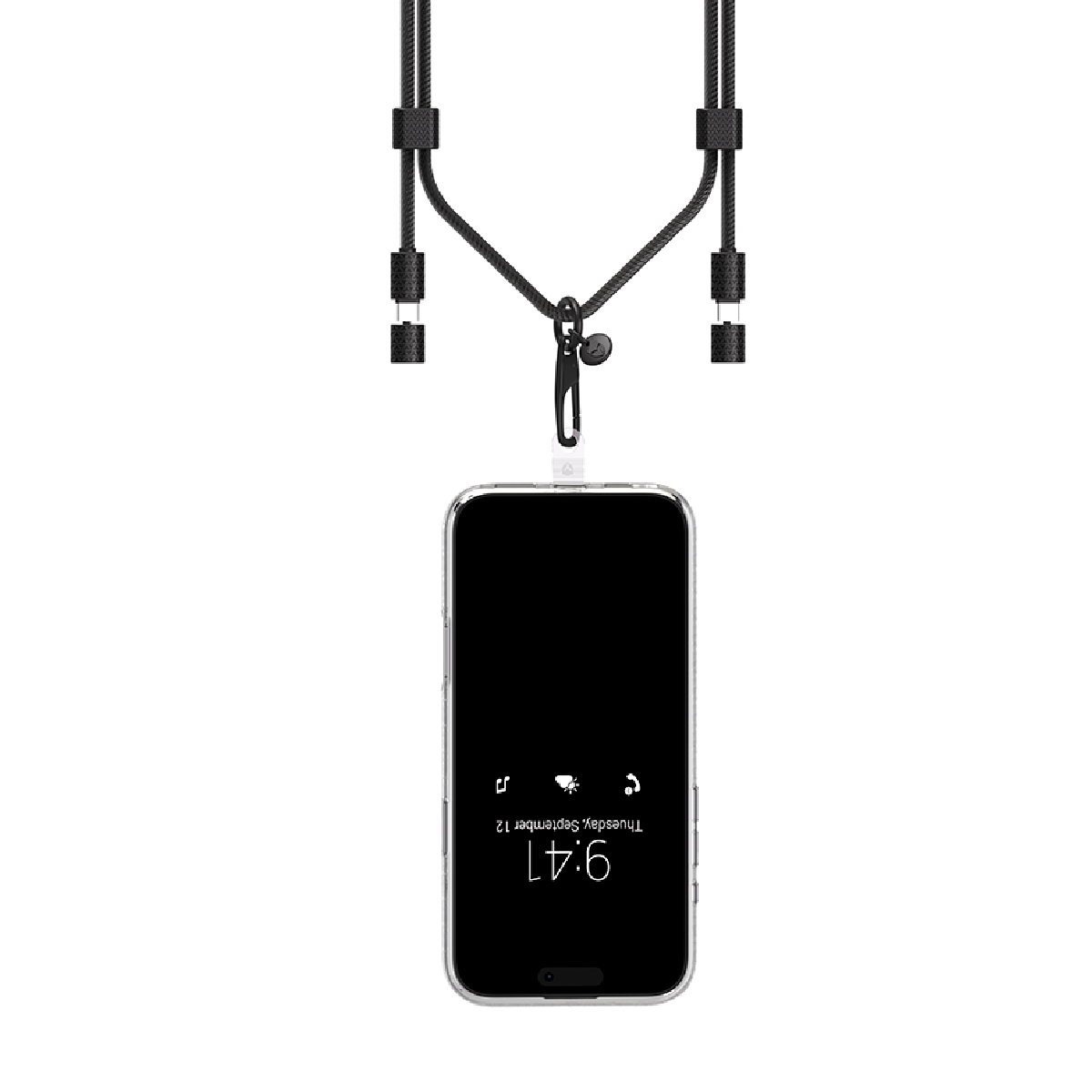 Cable de carga negro con mosquetón y teléfono. Hora 9:41.