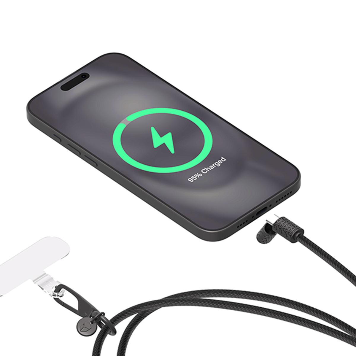 Un smartphone negro muestra 95% de carga con un ícono de rayo verde. Un cable de carga negro está enchufado.