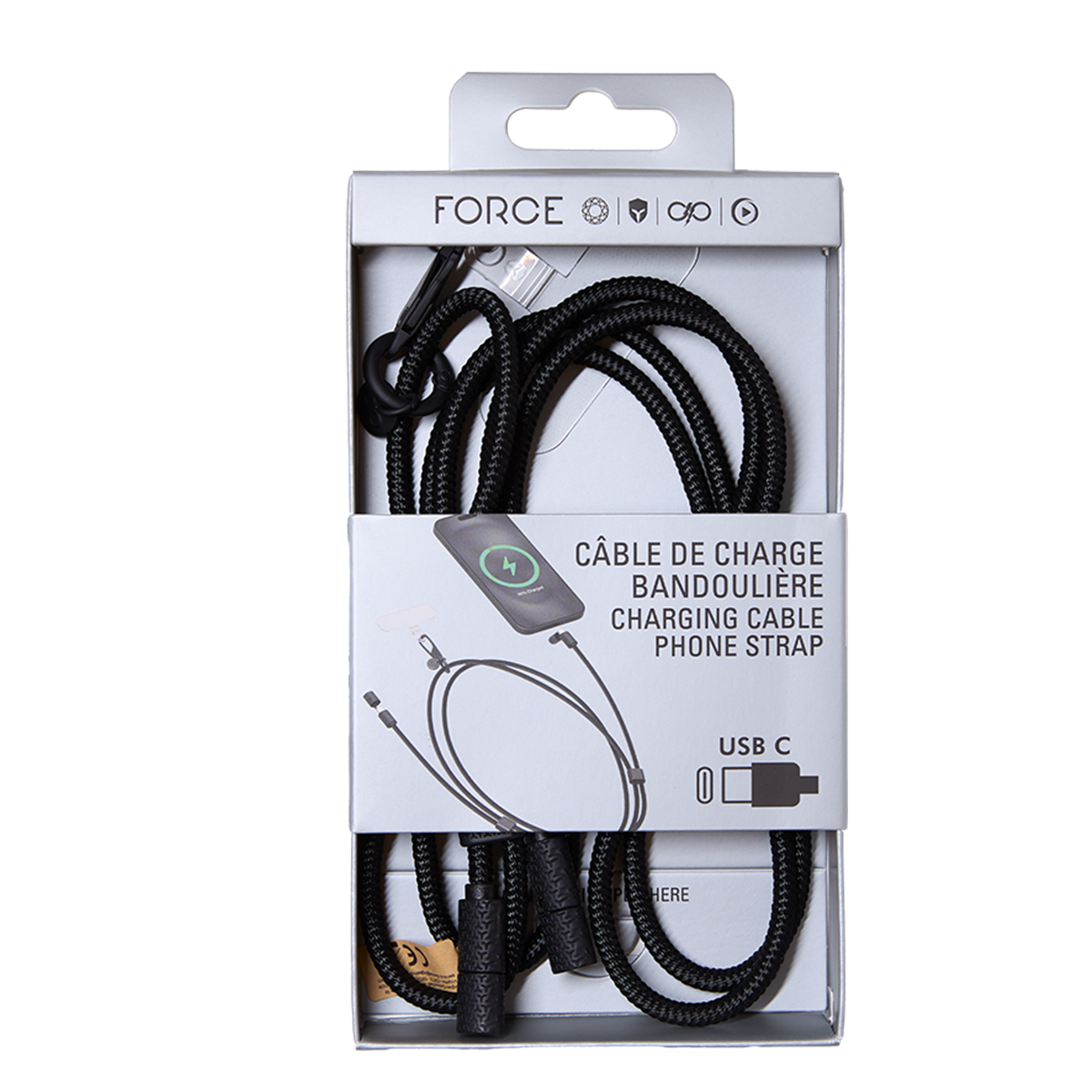 Cable de carga trenzado negro y correa para teléfono en embalaje. Se muestra conector USB C.