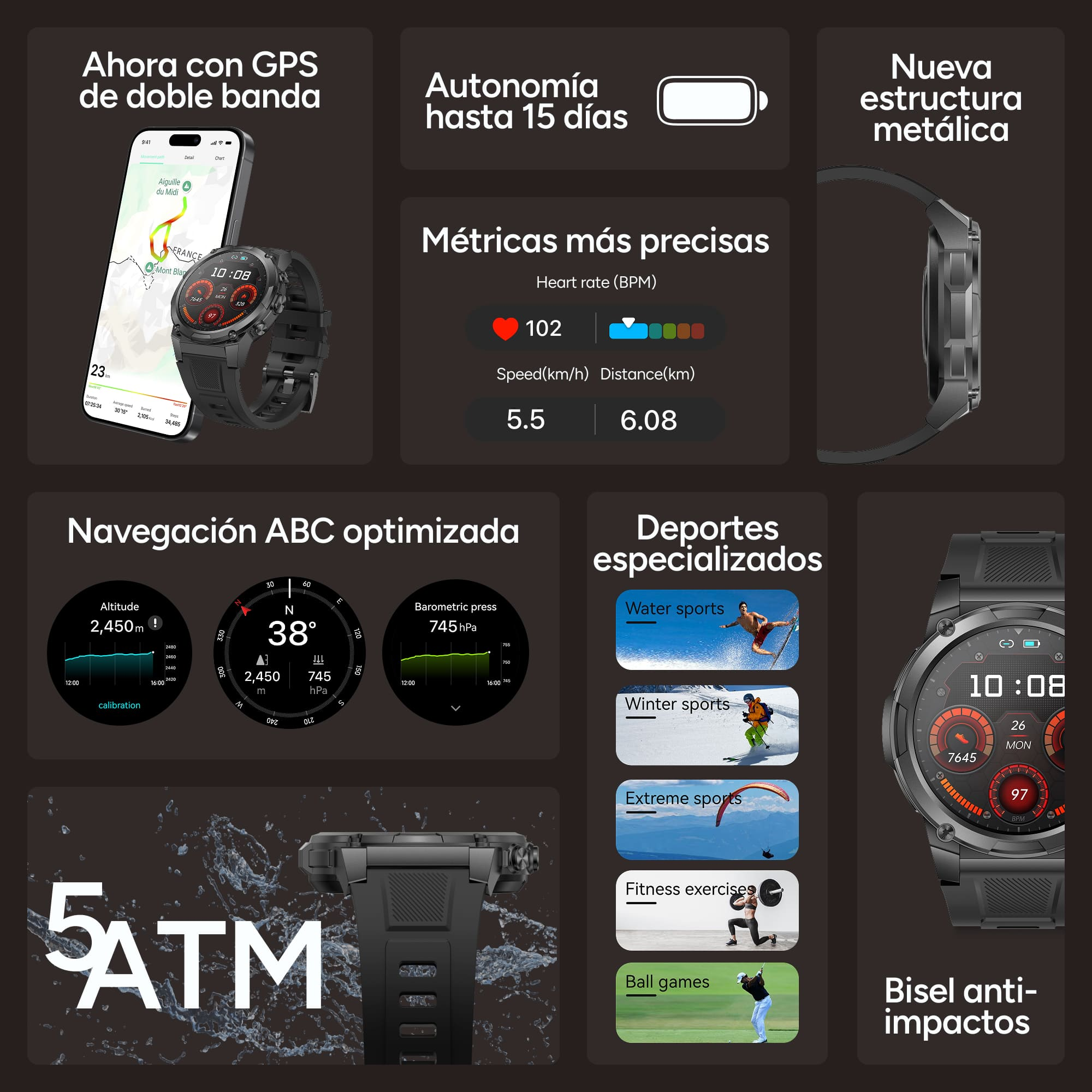 Reloj inteligente con GPS, batería 15 días, métricas precisas, navegación ABC, modos deporte y anti-impactos.