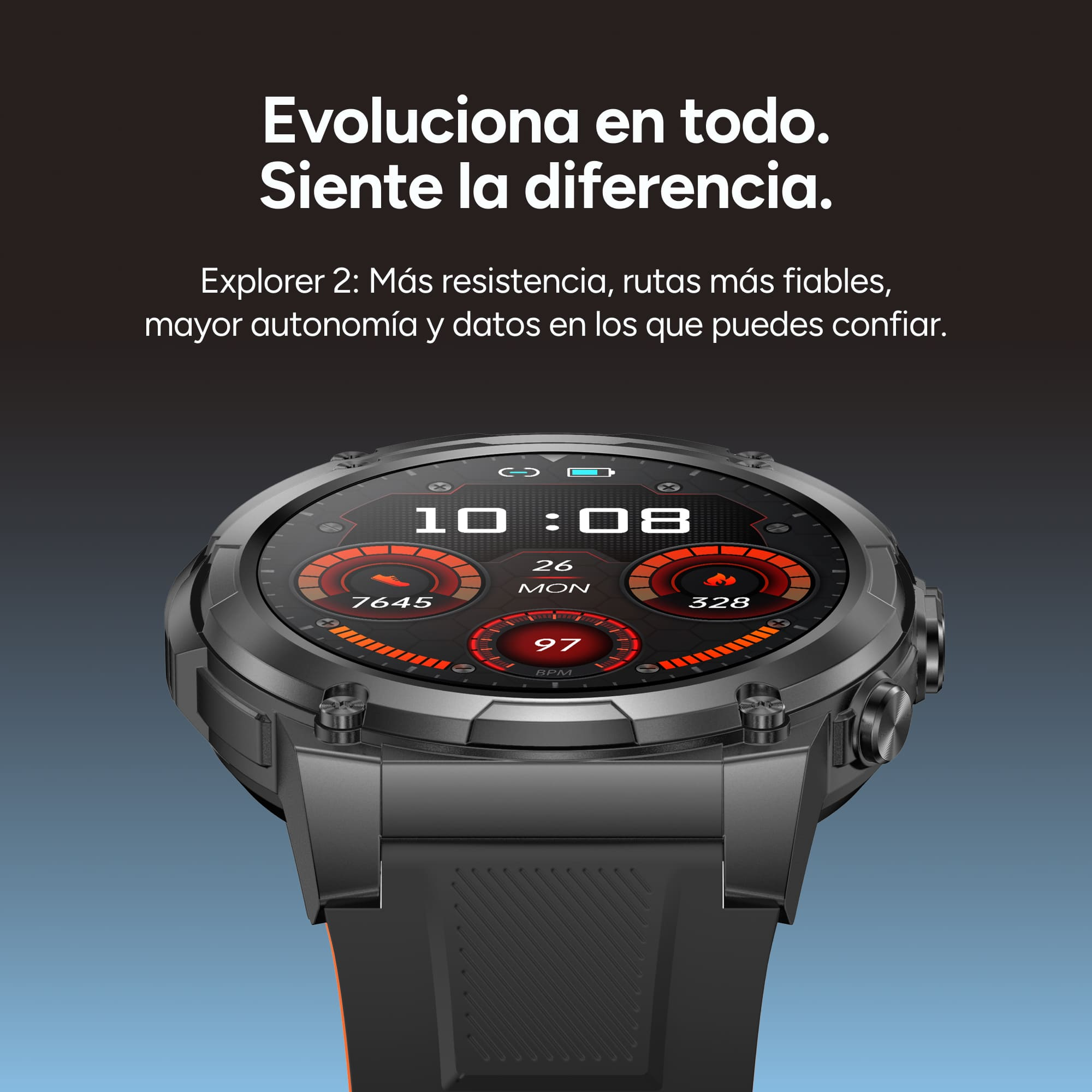 Un reloj inteligente negro con pantalla digital que muestra las 10:08.