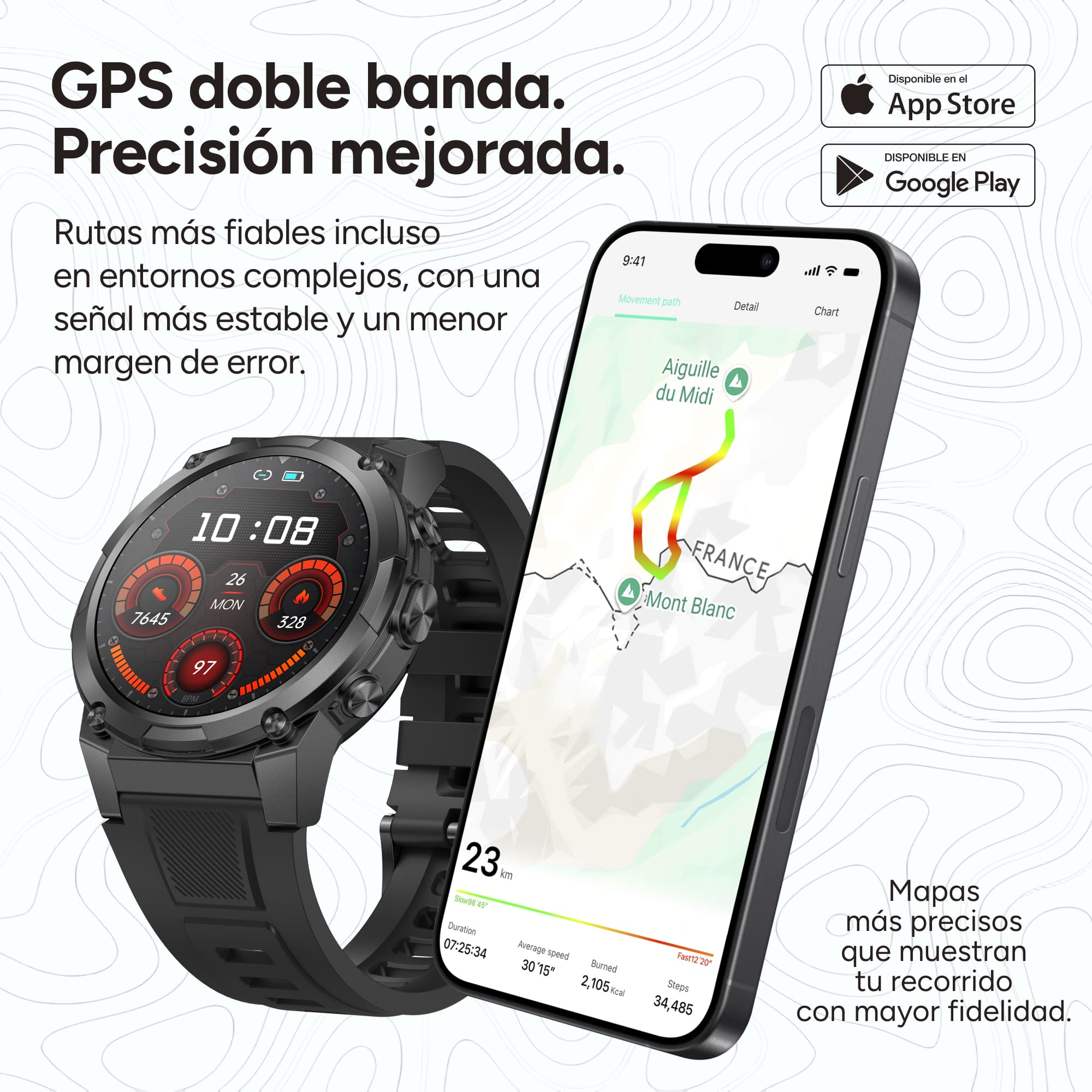 Un reloj inteligente negro junto a un smartphone con un mapa de senderismo.