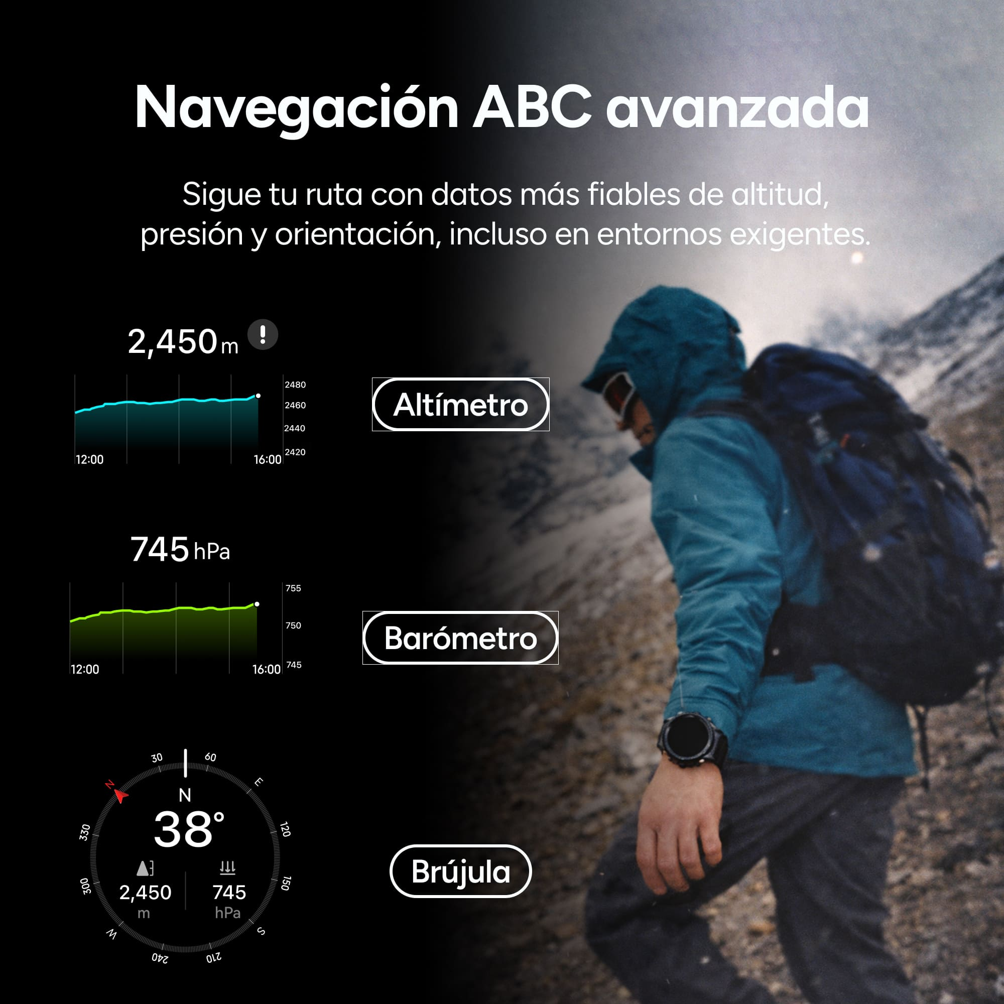 Montañista con reloj muestra datos de altitud, presión y brújula en ruta nevada.