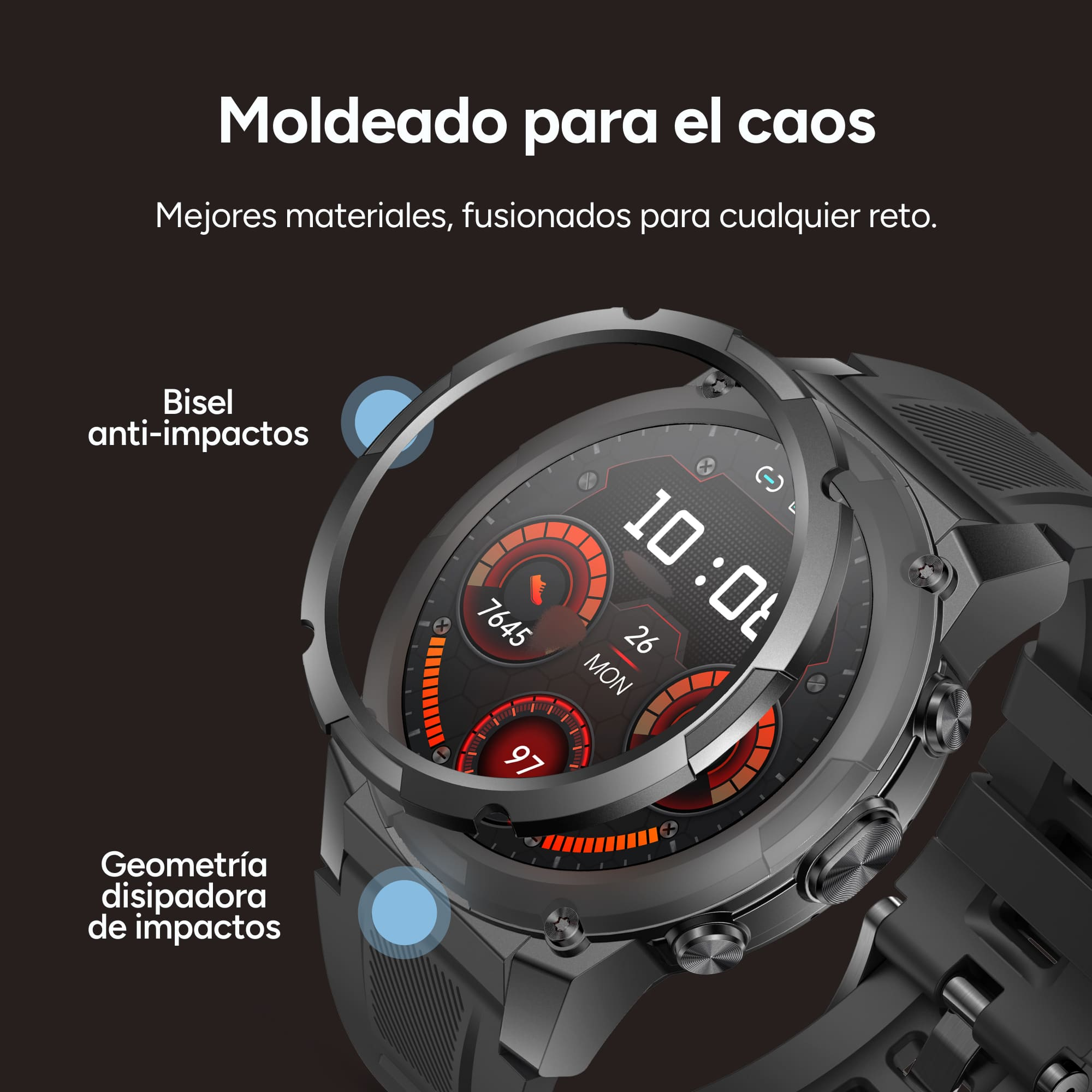 Reloj inteligente negro con pantalla digital, acentos naranjas y bisel protector.