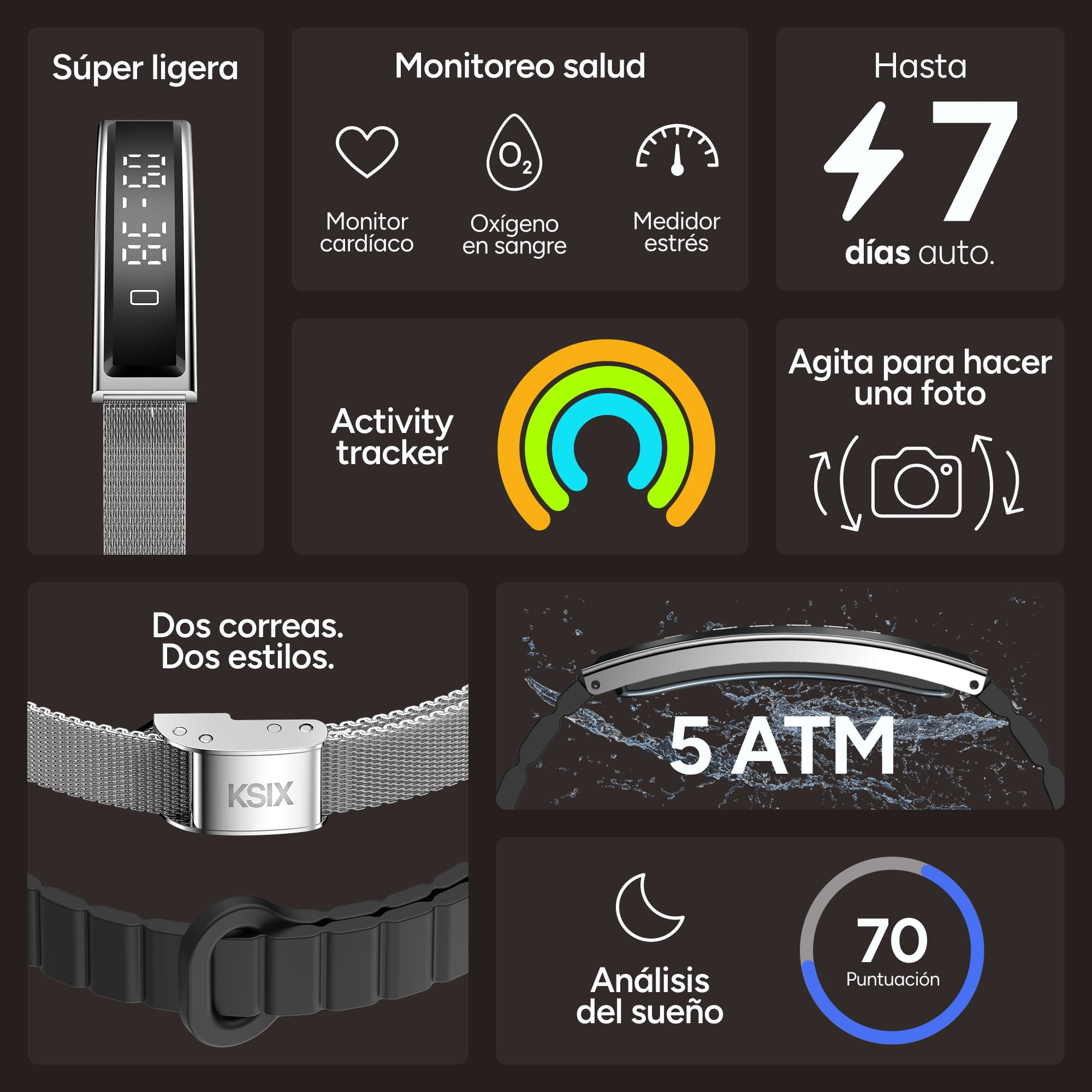 Smartband ligero con monitoreo de salud, seguimiento de actividad, 47 días de batería, 5 ATM de resistencia al agua, 2 correas y análisis sueño.