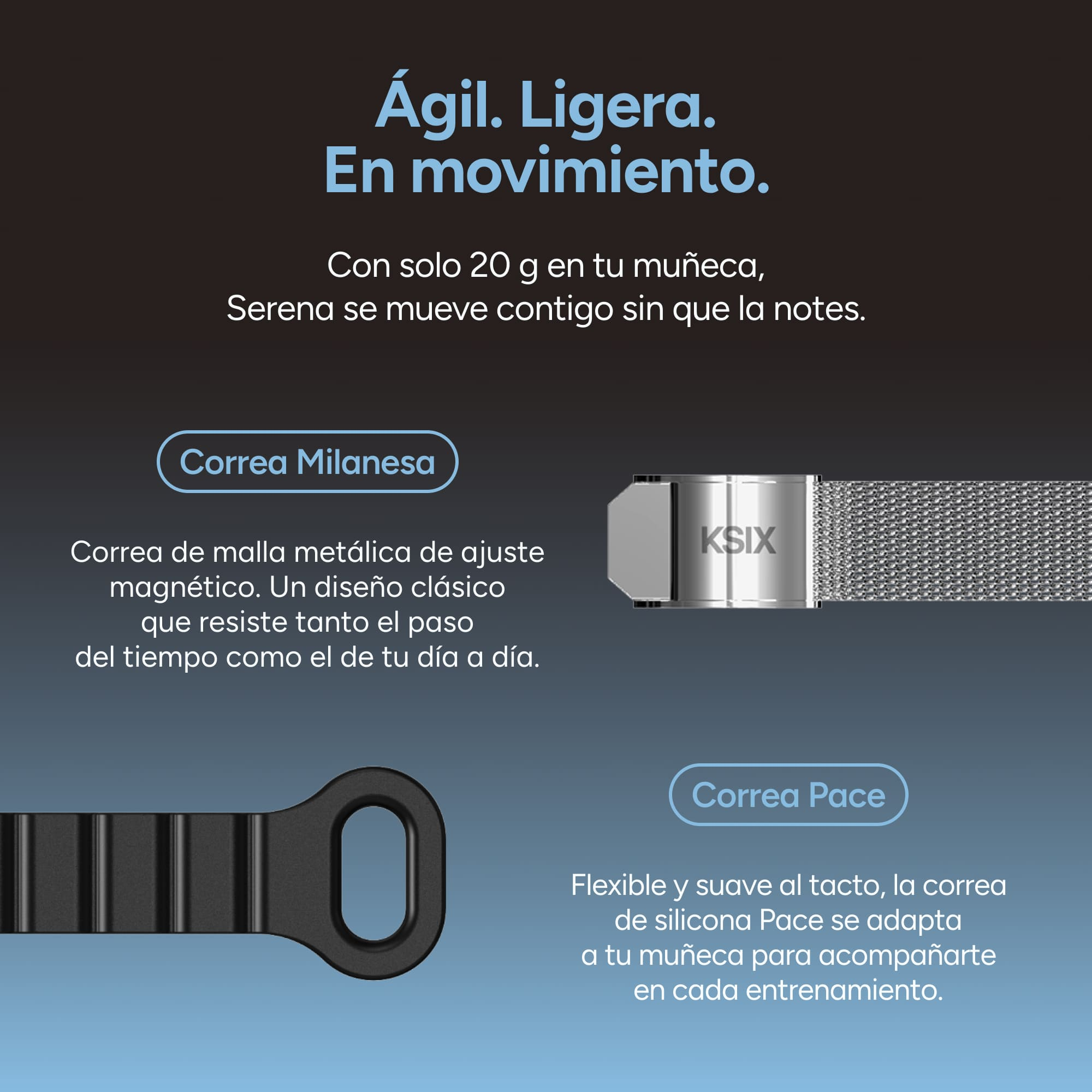Dos correas de reloj: una de malla plateada, otra de silicona negra.