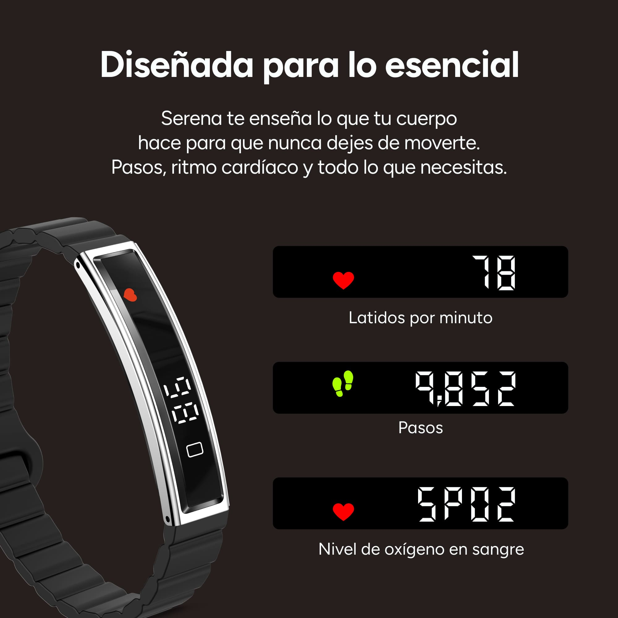 Una pulsera negra muestra ritmo cardíaco 78, pasos 9.852, oxígeno en sangre 92%.