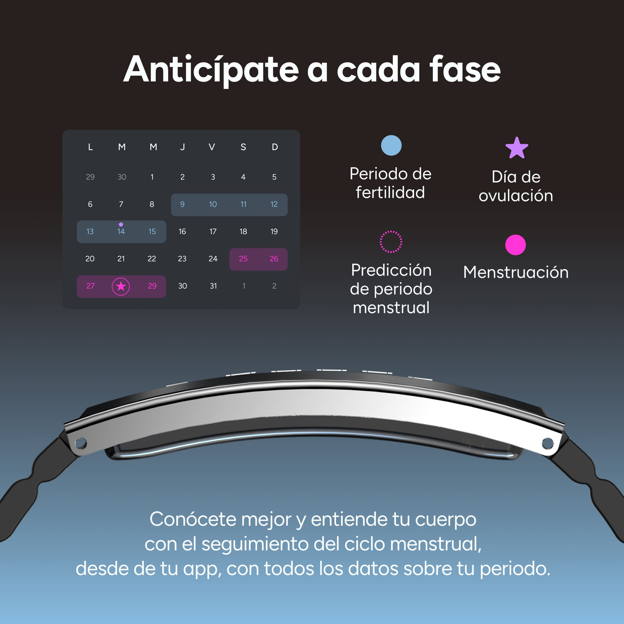 Vista de calendario muestra datos de fertilidad y periodo. Un reloj inteligente al frente.