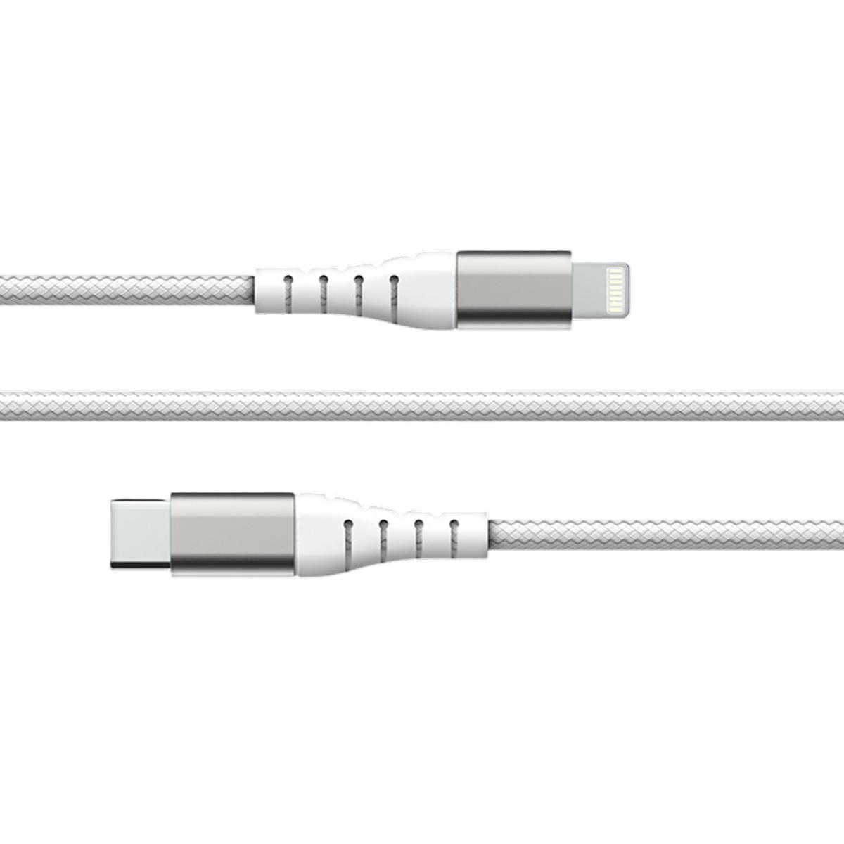 Un cable de carga blanco con conectores Lightning y USB-C.