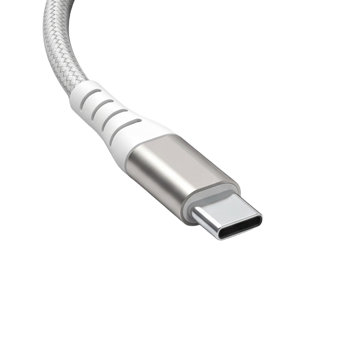 Un conector USB-C con carcasa blanca y plateada y cable trenzado.