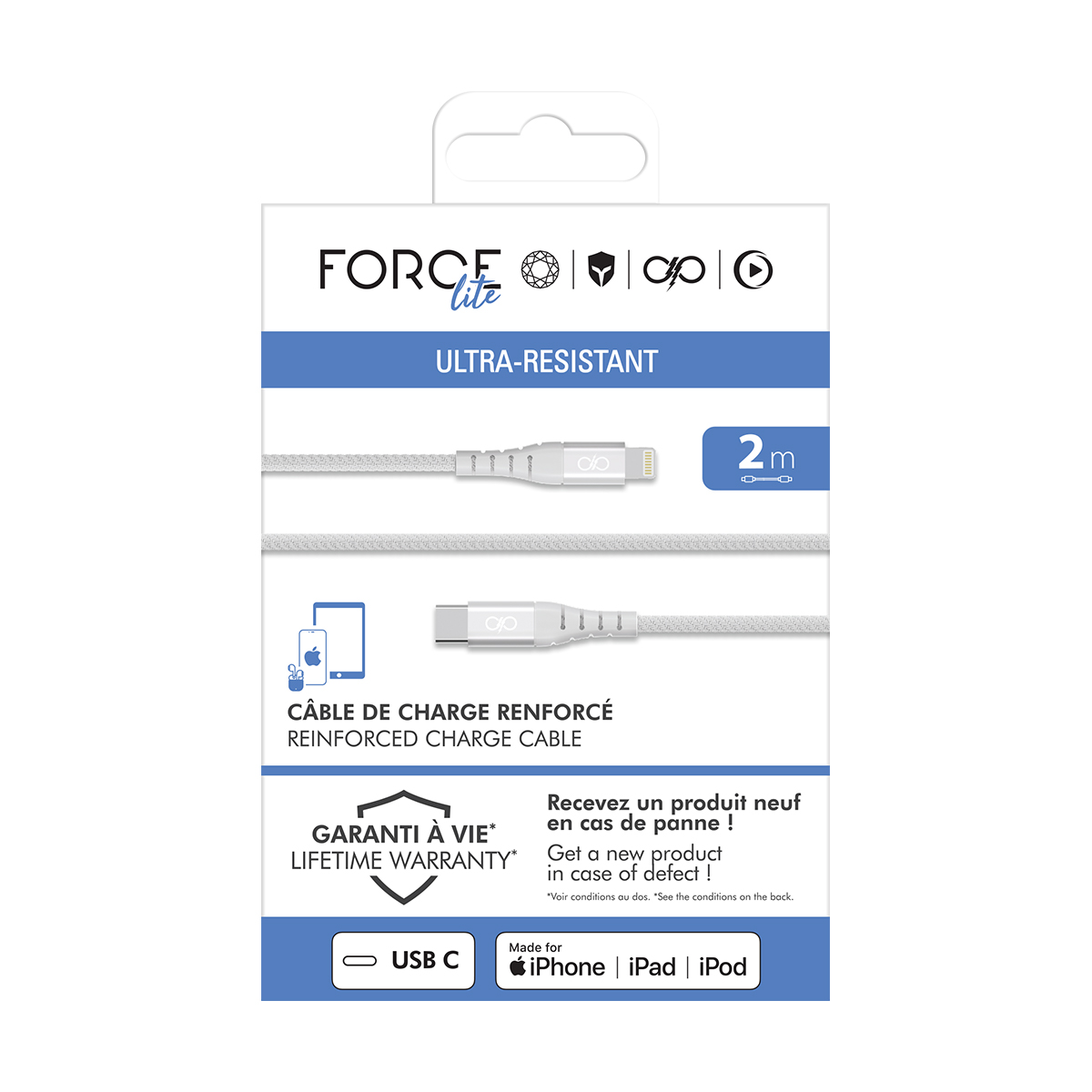 Embalaje de un cable USB-C a Lightning ultra-resistente de 2m.