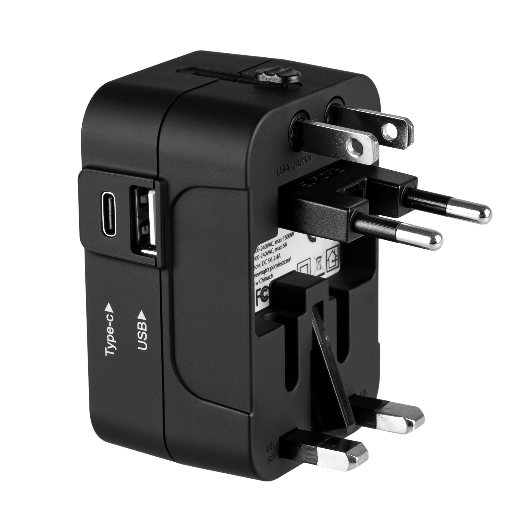 Czarny adapter podróżny z USB-A, USB-C i wysuwanymi wtyczkami do różnych krajów.