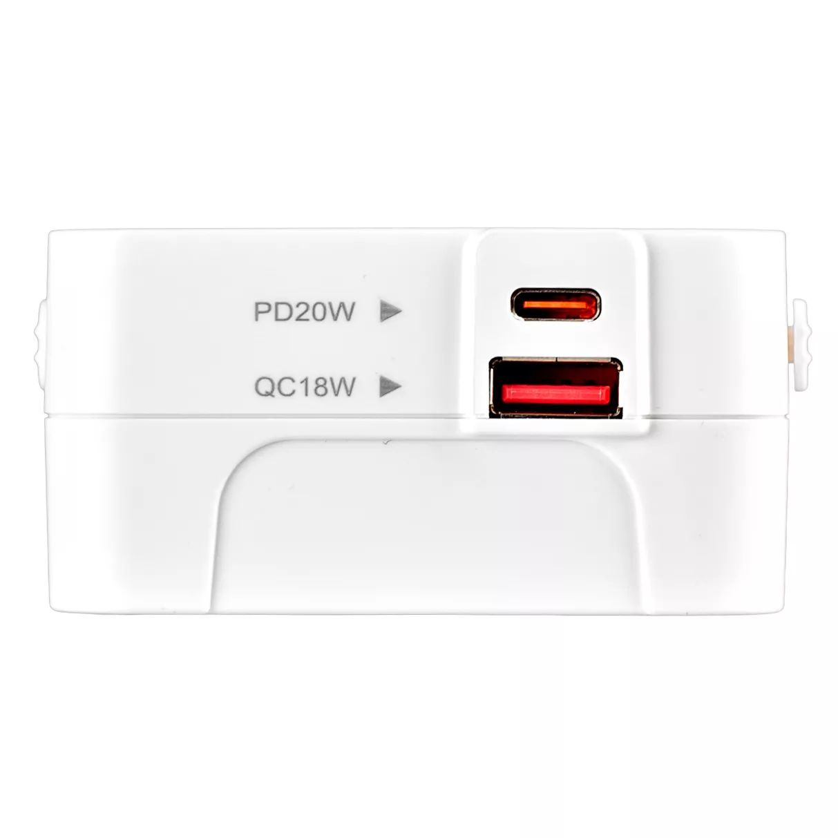 Biała ładowarka z portami PD 20W i QC 18W.
