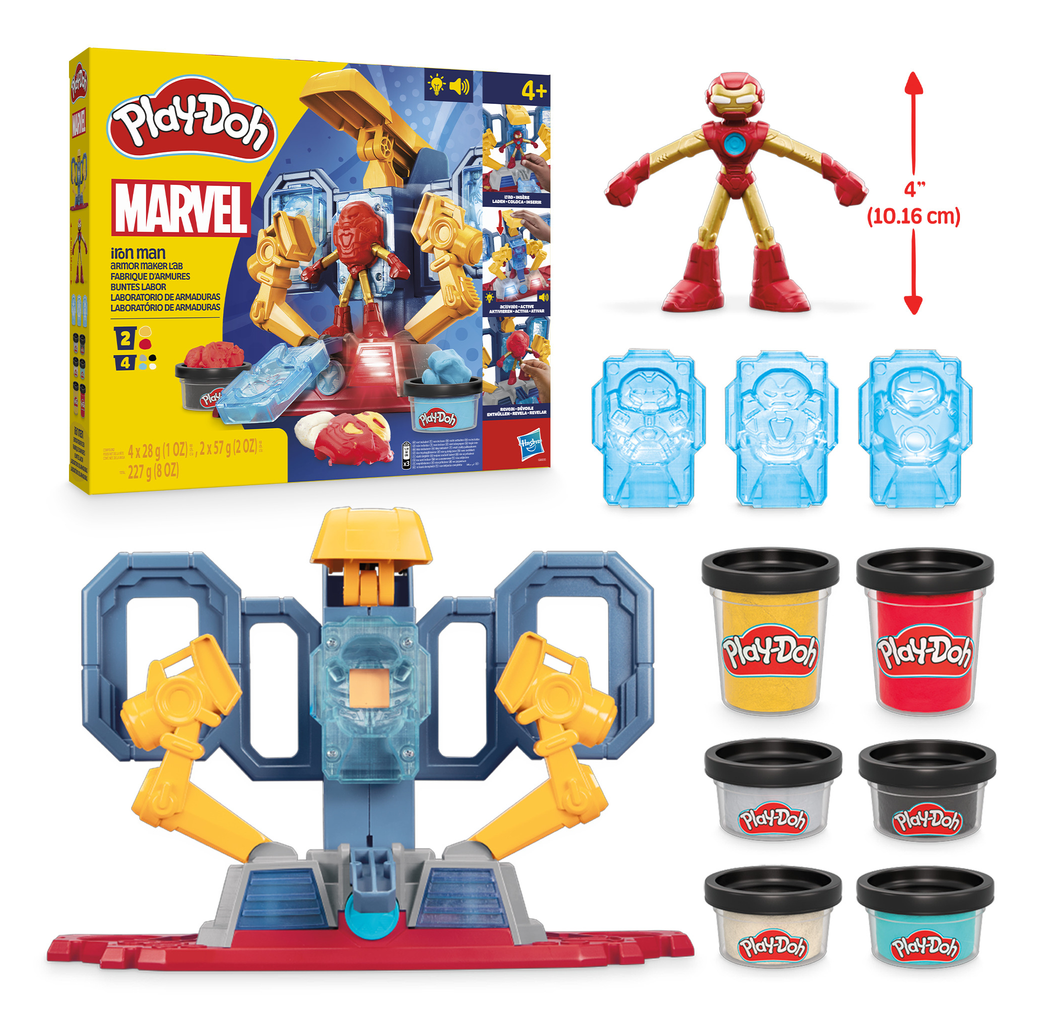 Laboratorio Armature Iron Man Play-Doh Marvel con figura, stampi e Play-Doh giallo, rosso, bianco, nero, blu.