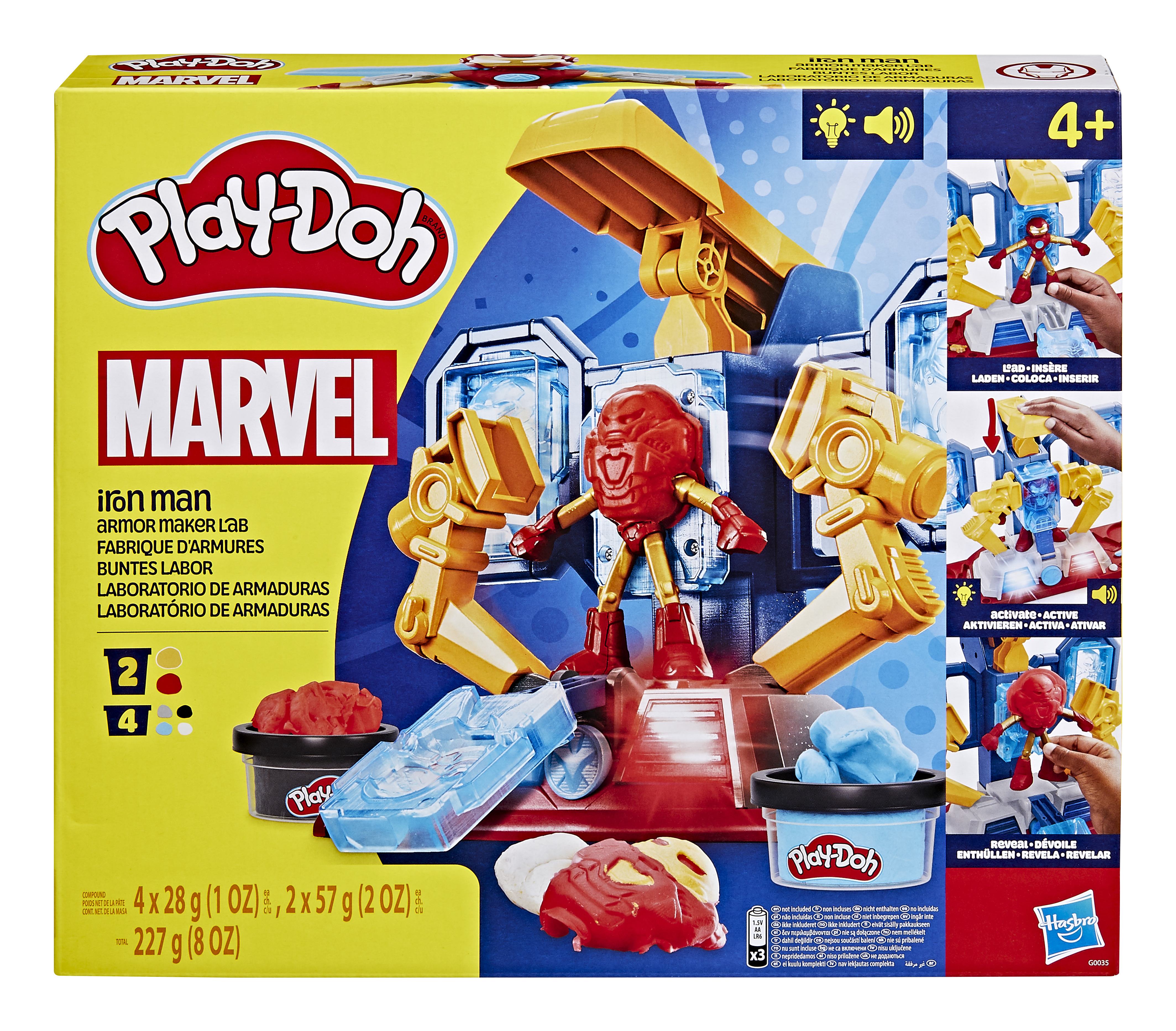 Confezione gioco Play-Doh Marvel Iron Man Armor Maker Lab con figure e pasta modellabile.