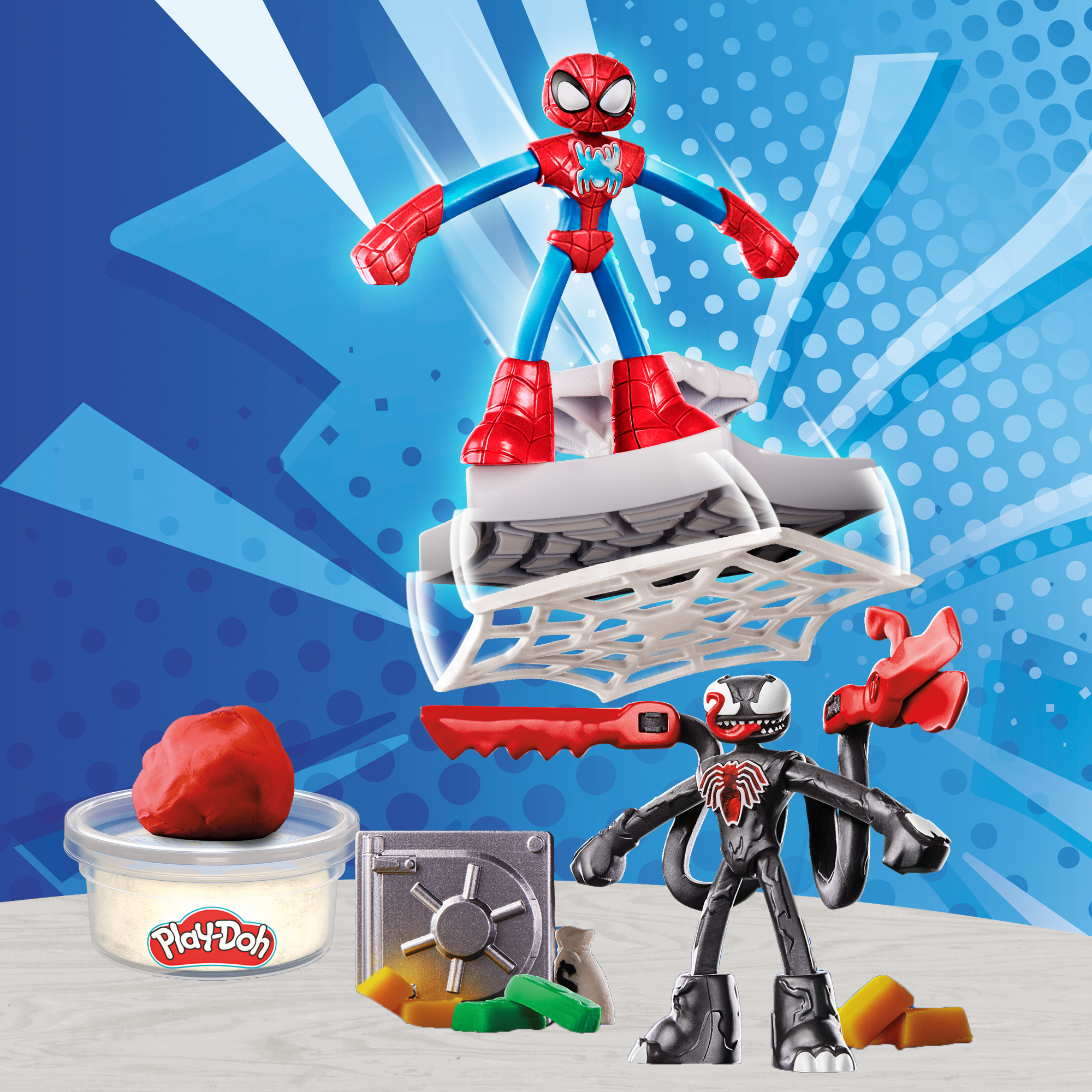 Action figure di Spider-Man e Venom con Play-Doh, una cassaforte e giocattoli.