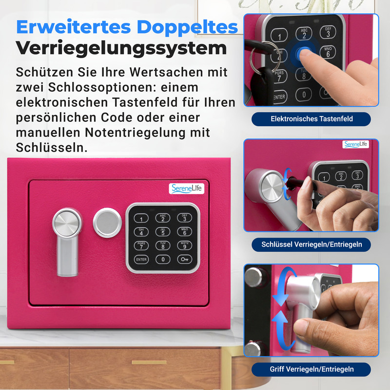 Ein pinker Tresor mit elektronischem Tastenfeld und Schlüssel, zeigt Verriegelungsoptionen.
