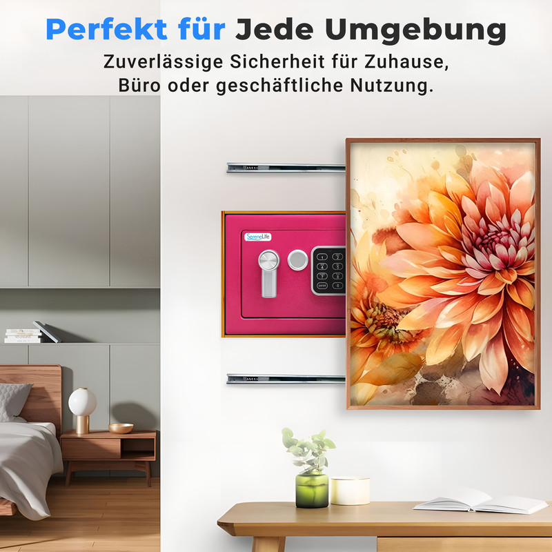 Ein pinker Safe hängt an der Wand neben einem Bild einer Blume. Unten ein Nachttisch.