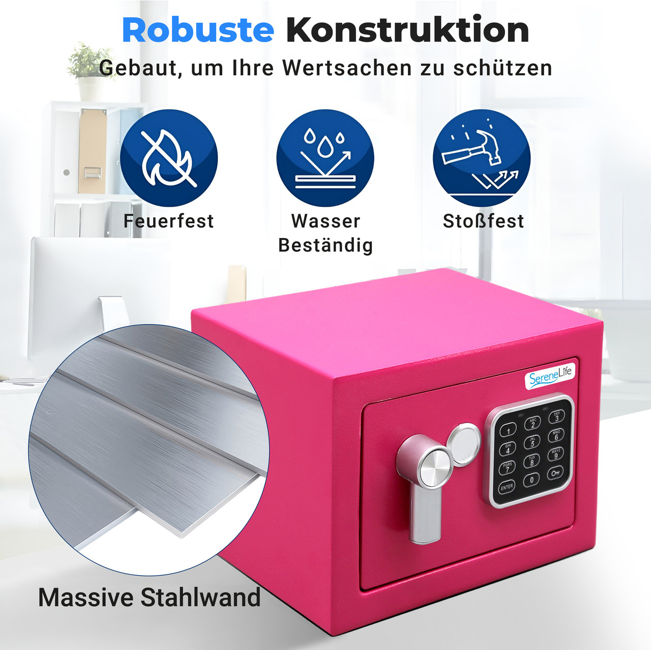 Robuste Konstruktion: Feuerfester, wasser- und stoßfester pinker Safe mit Tastatur.
