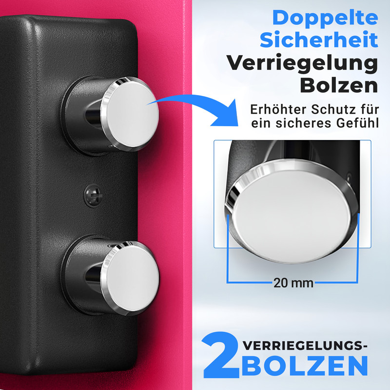 Zwei Verriegelungsbolzen: 20 mm Durchmesser, doppelter Schutz.