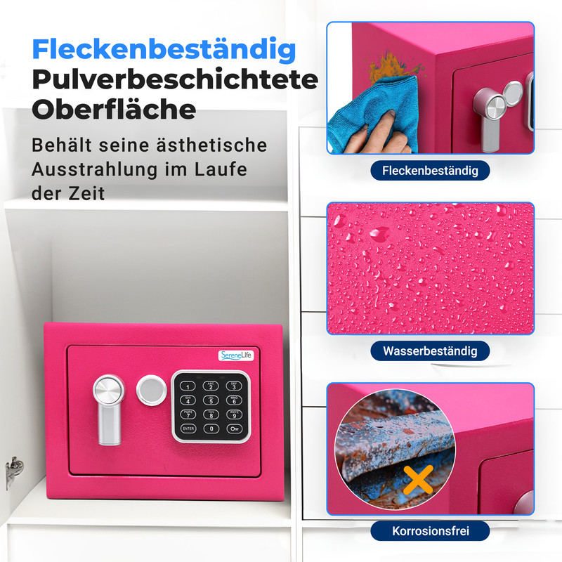 Eine pinke Safebox mit digitaler Tastatur und Griff, daneben Bilder von Flecken-, Wasser- und Korrosionsbeständigkeit.
