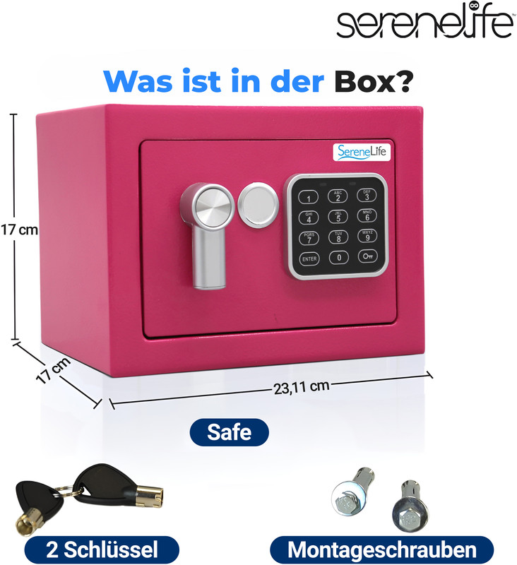 Ein pinker Safe mit digitaler Tastatur, Schlüssel und Schrauben. Maße: 17x17x23,11 cm.