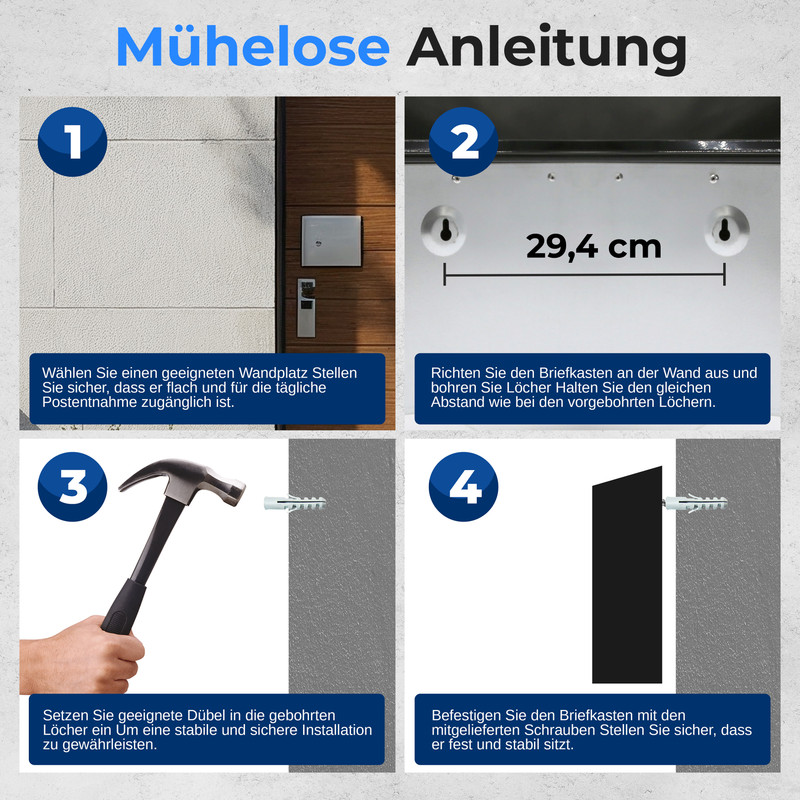 Anleitung zur Montage eines Briefkastens mit 4 Schritten: Wandwahl, Bohren, Dübel, Befestigung.