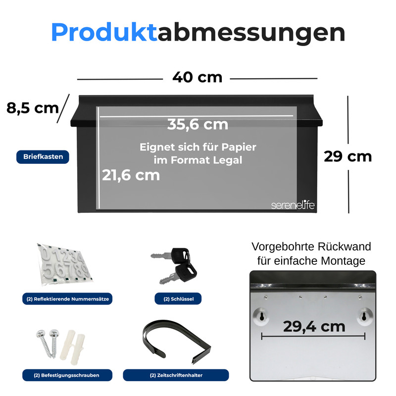 Diagramm mit Briefkastenmaßen: 40cm breit, 8,5cm hoch, 29cm tief. Inklusive Zubehör.