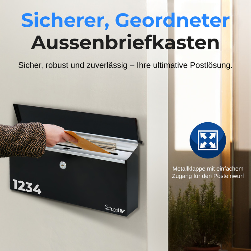 Schwarzer Briefkasten mit Hausnummer 1234, Person wirft Post ein.