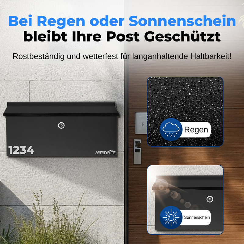Schwarzer Briefkasten mit Hausnummer 1234, wetterfest bei Regen und Sonnenschein.