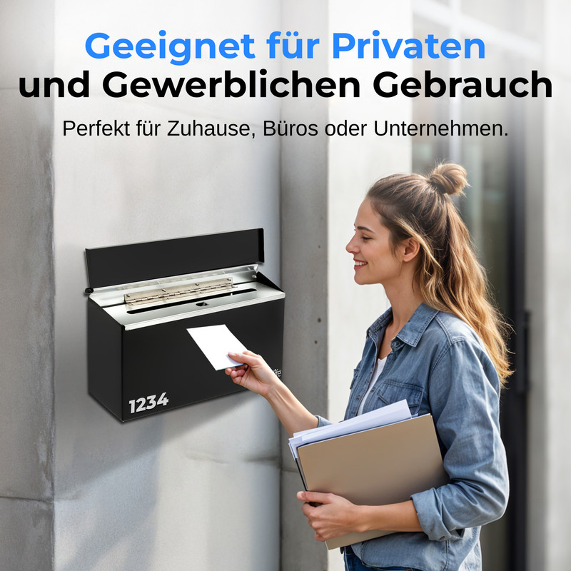 Frau wirft Brief in schwarze Wandbriefkasten mit der Nummer 1234.