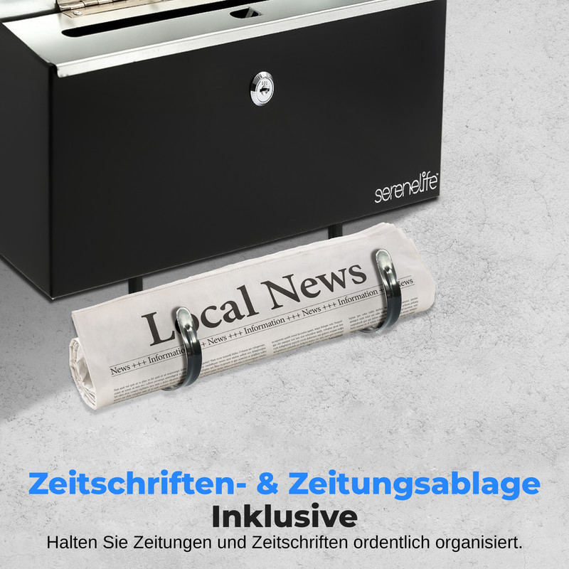 Schwarzer Briefkasten mit Zeitungshalter und aufgerollter Zeitung.