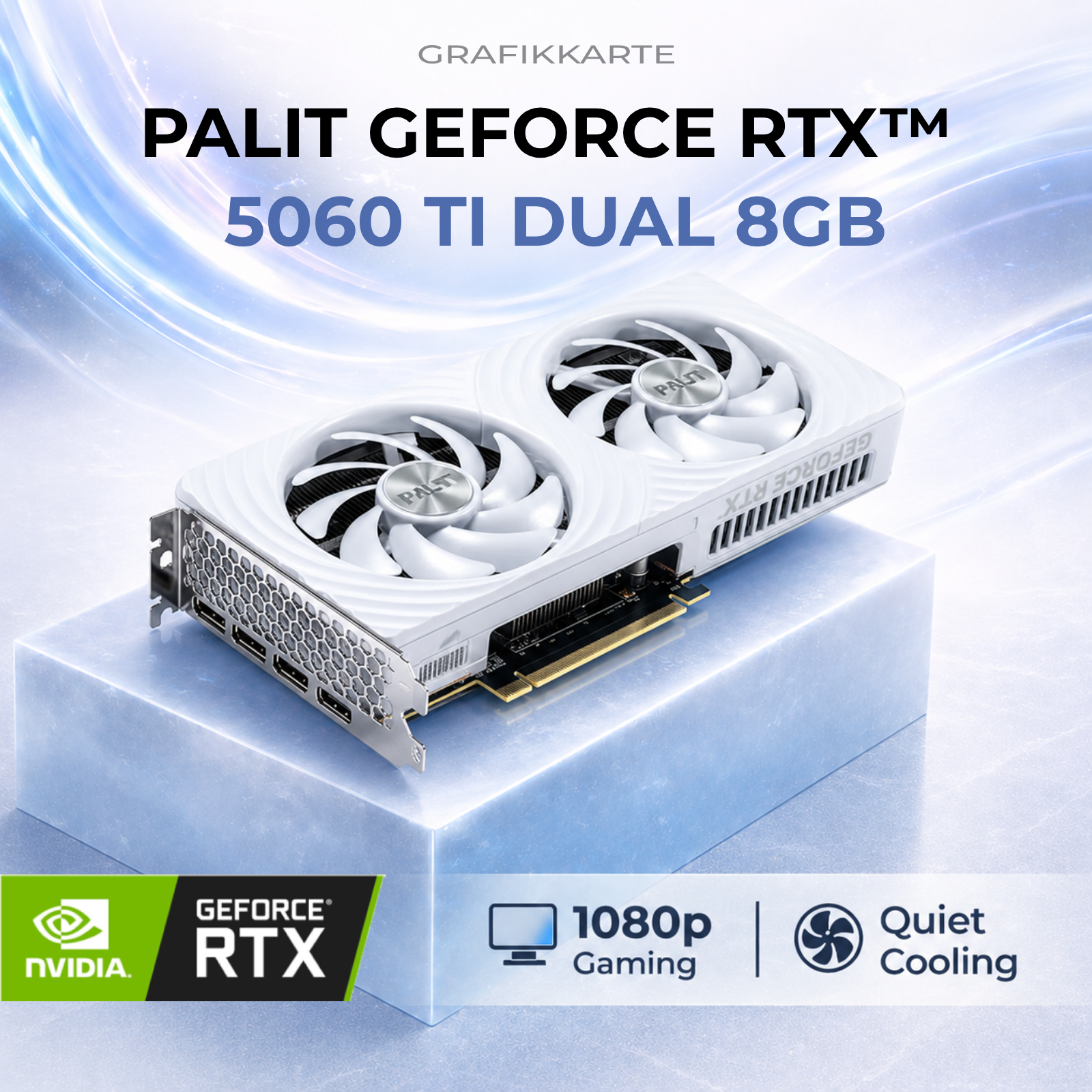 Weiße Palit GeForce RTX 5060 Ti Grafikkarte mit zwei Lüftern auf blauem Sockel.