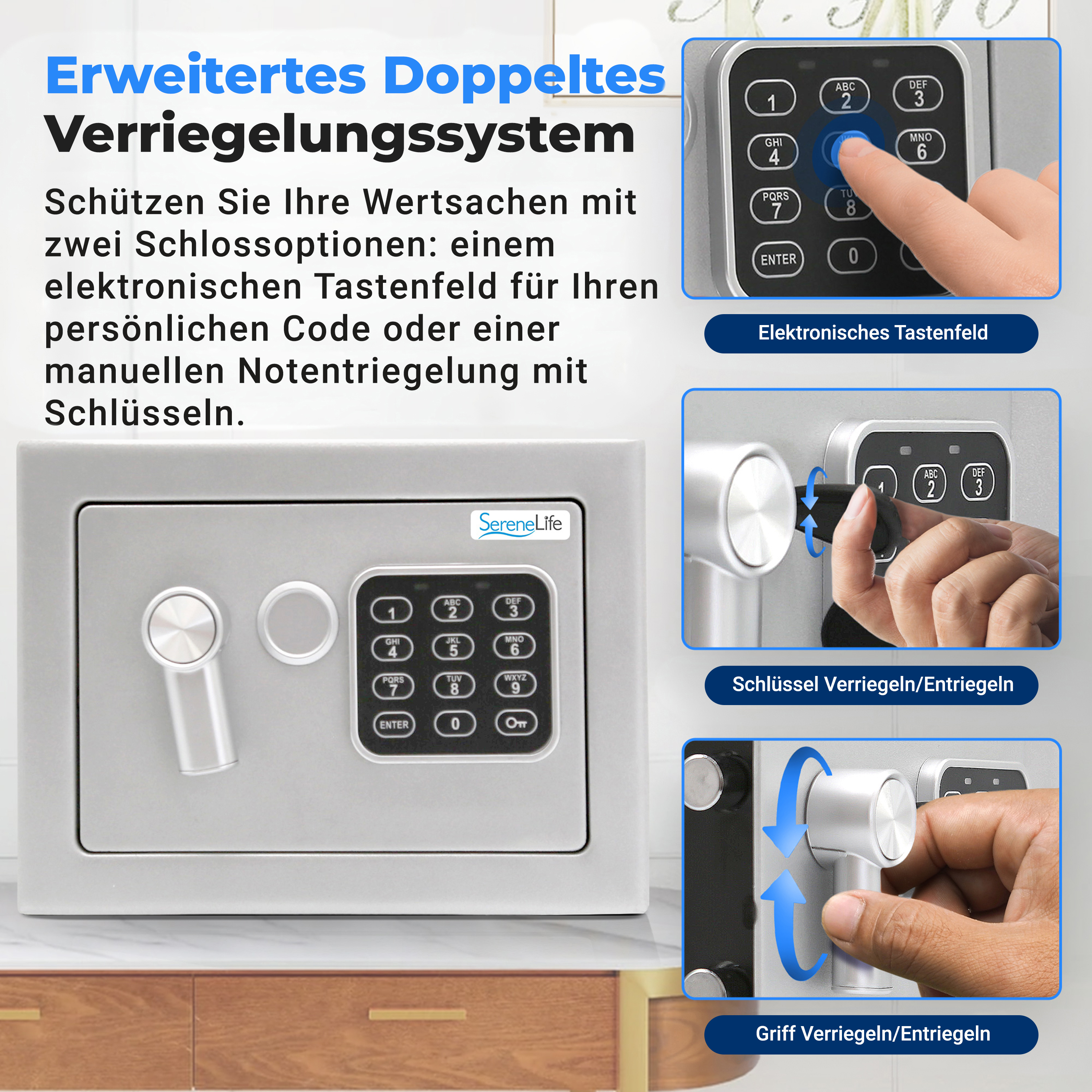 Ein grauer Safe mit einem Zahlenschloss, einem Schlüssel und Griffen.