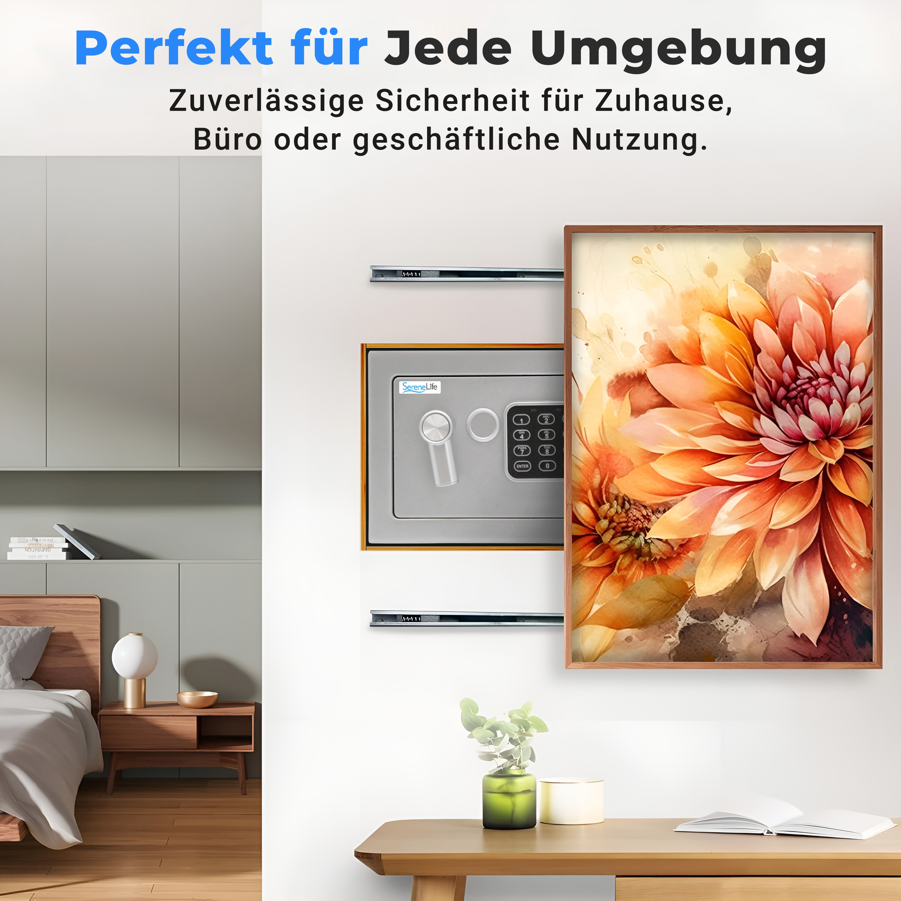 Ein grauer Möbeltresor und ein Blumenbild hängen an einer Wand über einem Nachttisch.