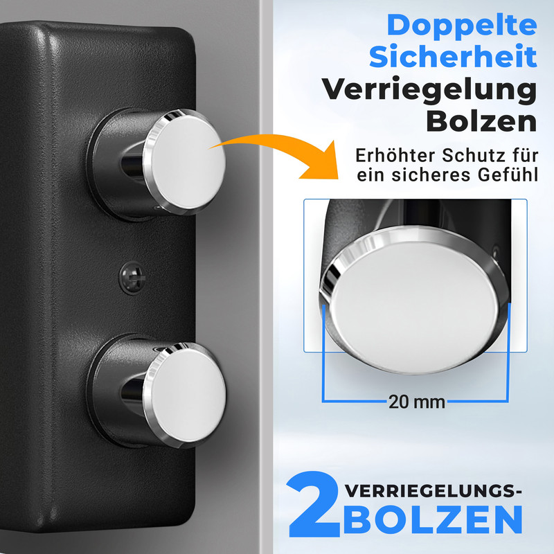 Zwei Verriegelungsbolzen mit 20mm Durchmesser für doppelte Sicherheit.