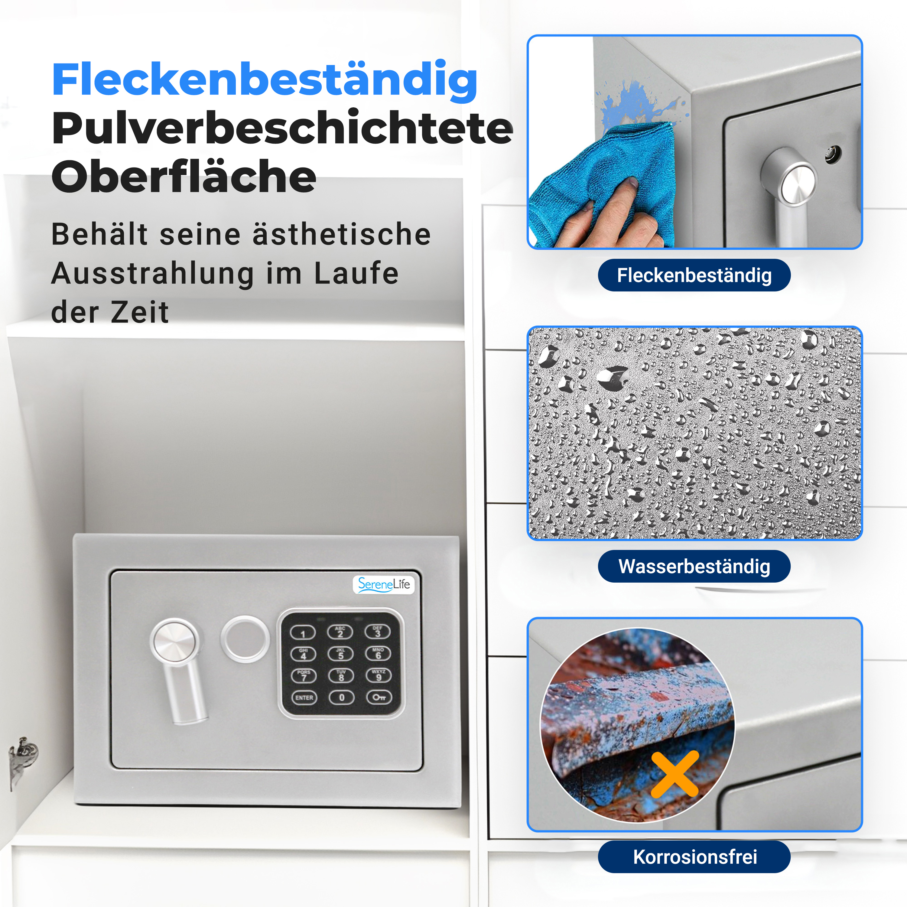 Grauer Safe mit Zahlencode, Flecken-, Wasser- und Korrosionsschutz.