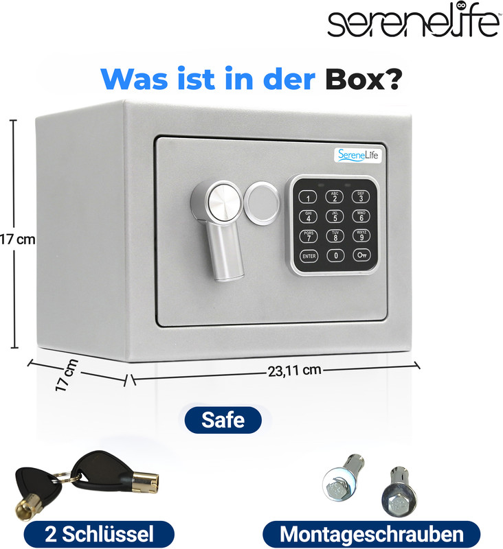Grauer Möbeltresor mit Zahlenschloss, Griff, Maßen und Zubehör wie Schlüsseln.