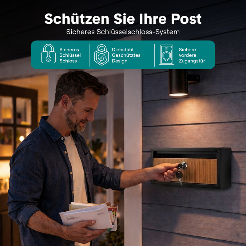Mann mit Briefen schließt Briefkasten mit Schlüssel auf.