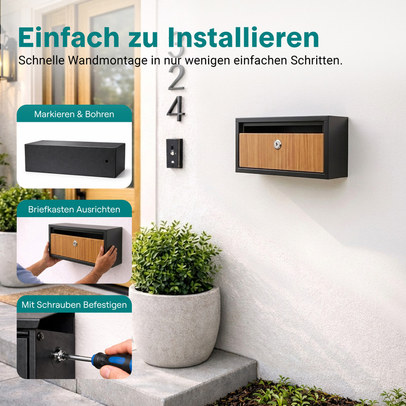 Schwarzer Briefkasten mit Holzfront, Montageanleitung: Markieren, Bohren, Ausrichten, Befestigen.