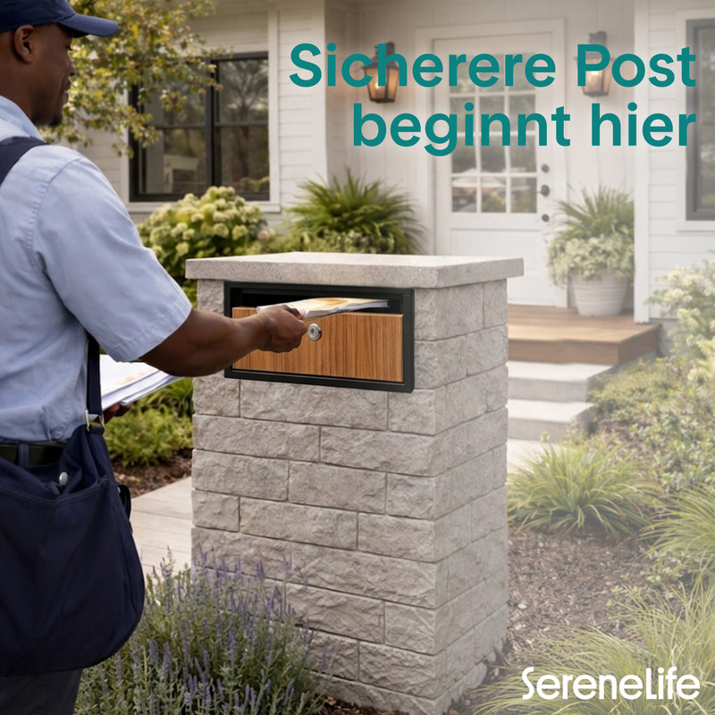 Ein Postbote legt Post in einen Steinbriefkasten vor einem Haus.