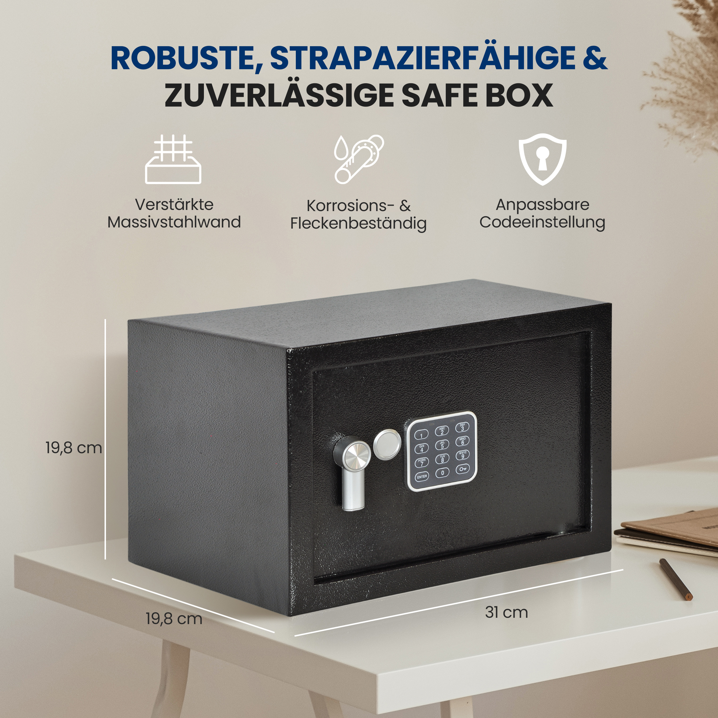 Schwarze Safe Box mit Zahlenschloss und Schlüssel auf einem weißen Tisch.