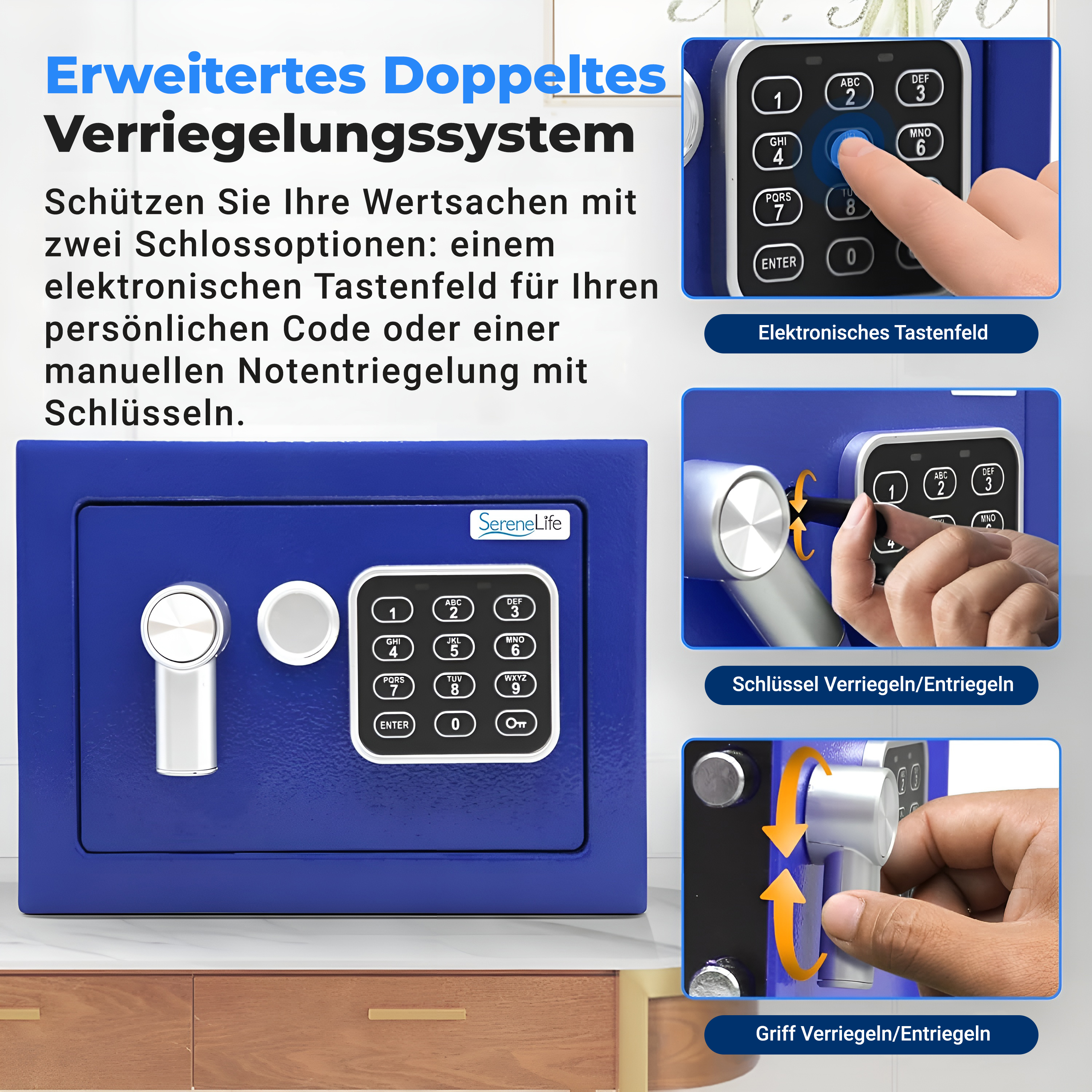 Ein blauer Safe mit elektronischem Tastenfeld und Schlüsseloption. Zeigt Verriegelungsmechanismen.