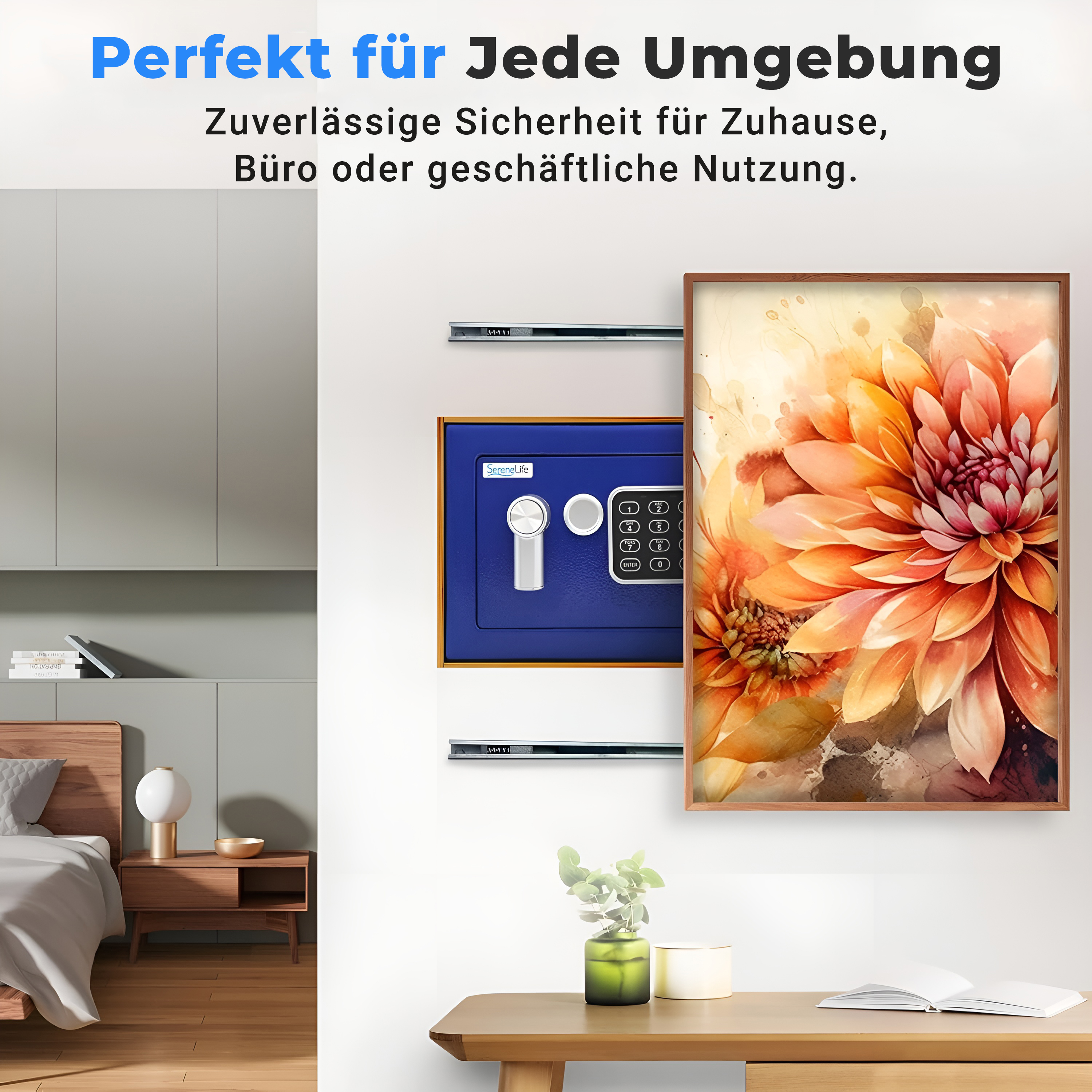 Ein blauer Safe mit Tastatur neben einem Blumenbild. Ein Nachttisch steht neben einem Bett.