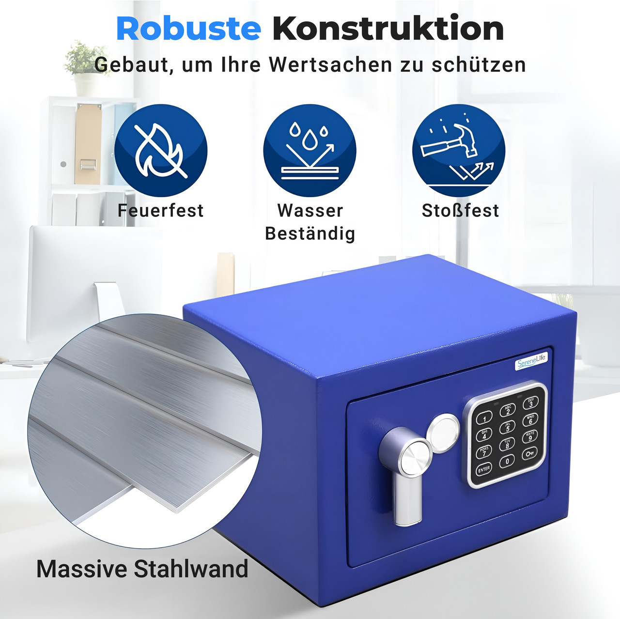 Robuste blaue Safebox mit digitalem Tastenfeld und Griff. "Feuerfest", "Wasserbeständig", "Stoßfest".