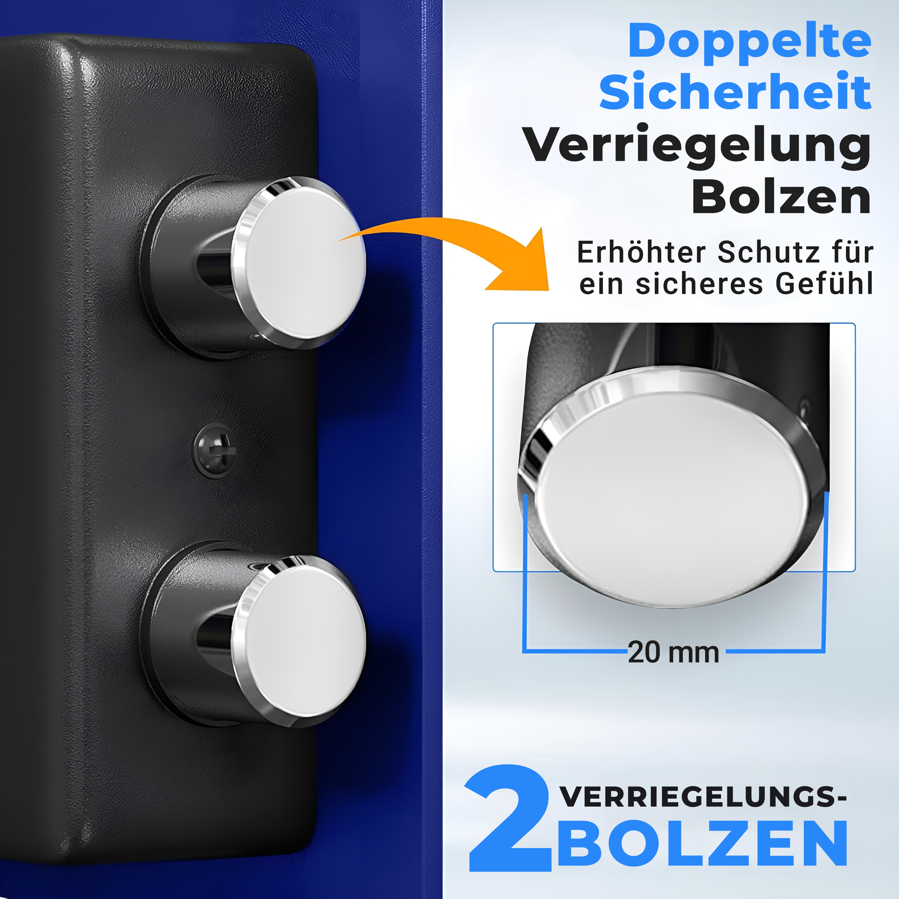 Zwei silberne Bolzen an einem schwarzen Schloss, 20 mm sind hervorgehoben.