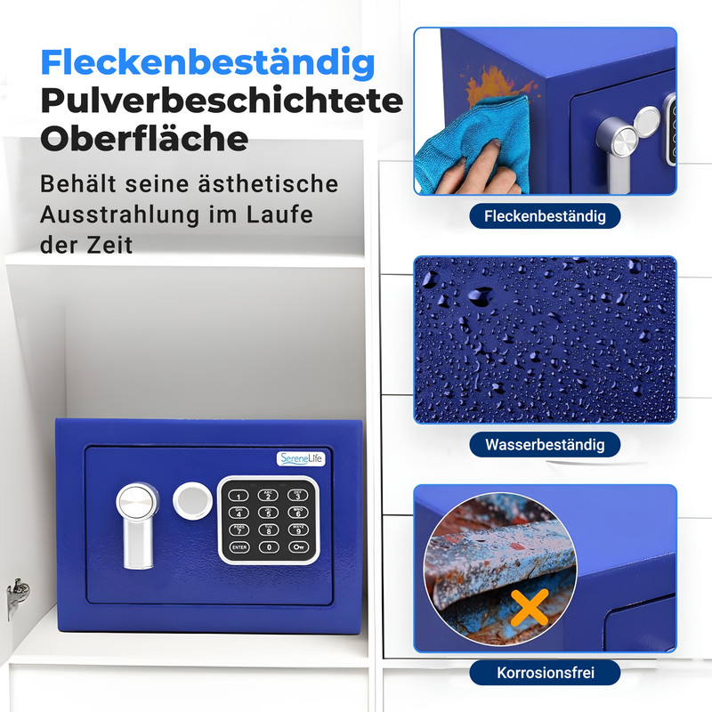 Ein blauer Tresor mit Zahlenfeld und Schlüssel. Daneben Bilder: Fleckenentfernung, Wassertropfen, Rost.
