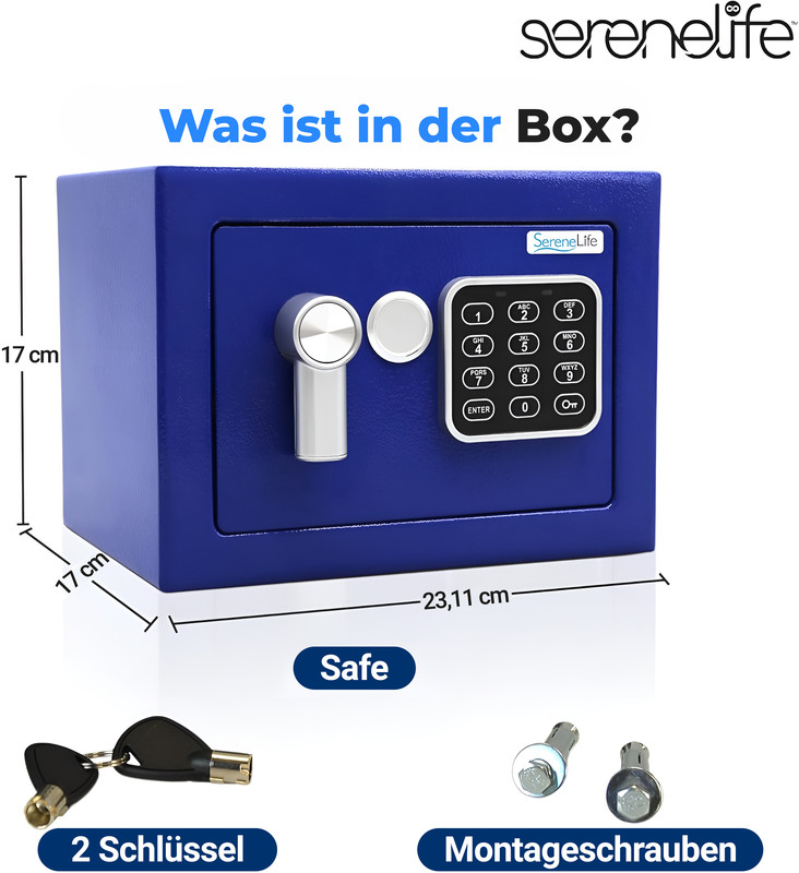 Ein blauer Safe mit Schlüsselloch, Tastatur und Maßen (17x17x23,11cm).