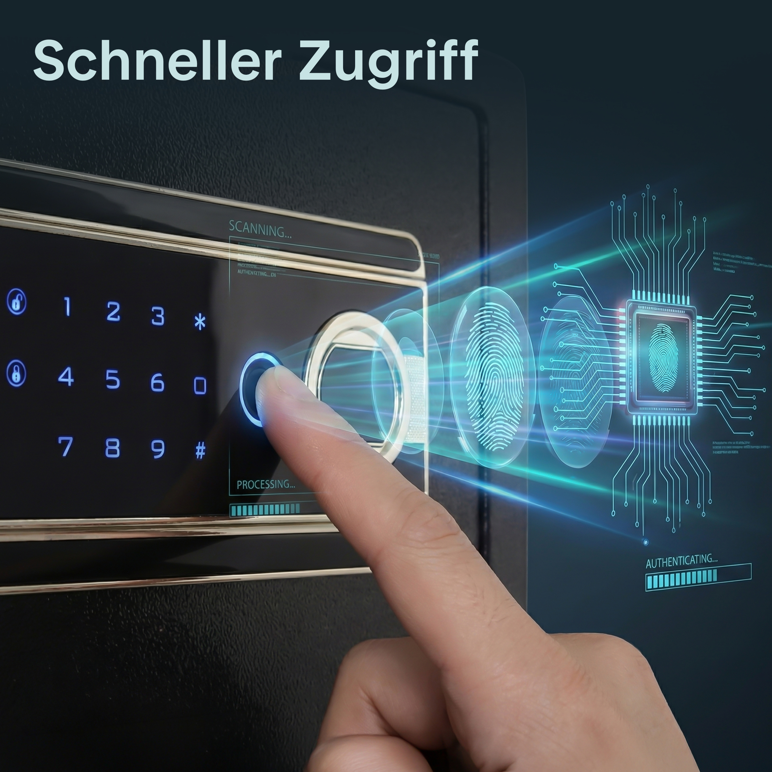 Fingerabdruck-Scan zur Authentifizierung eines digitalen Schlosses mit Nummernfeld.